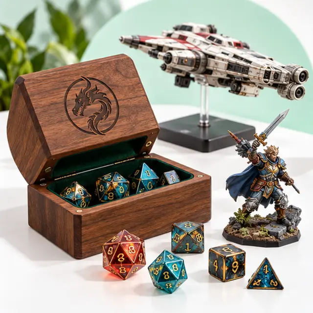 Realistic tabletop dice and collectibles photographed on a warm white studio backdrop