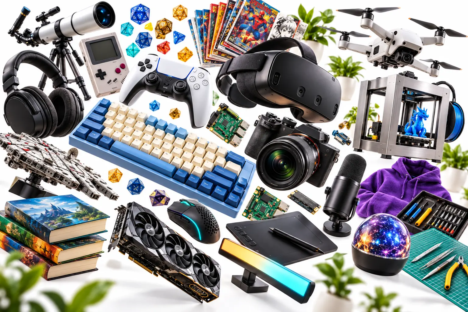An explosion of realistic gaming controllers, keyboards, VR gear, cameras, drones, collectibles, and maker gadgets